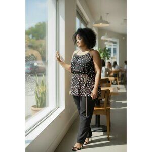 NWT Seven Islands Gold Braided Trim Belted Black Polka Dot Sleeveless Top 2X